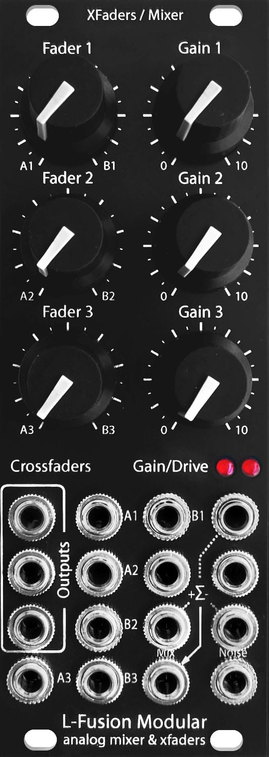Front view of our 3 channel mixer / distortion Eurorack Module Front view of our 3 channel mixer / distortion Eurorack Module